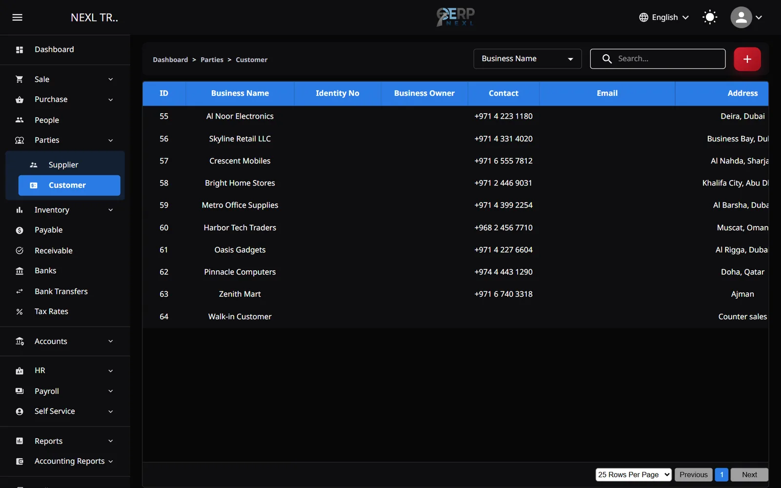 The customer list with business names, contact numbers and addresses