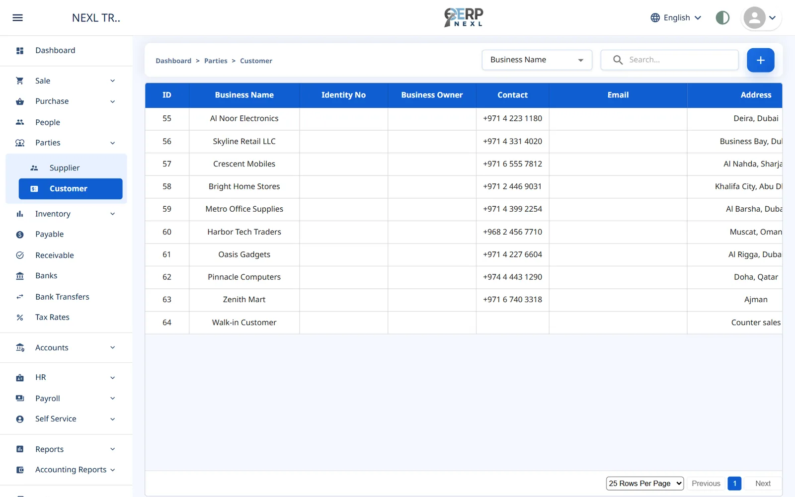 The customer list with business names, contact numbers and addresses