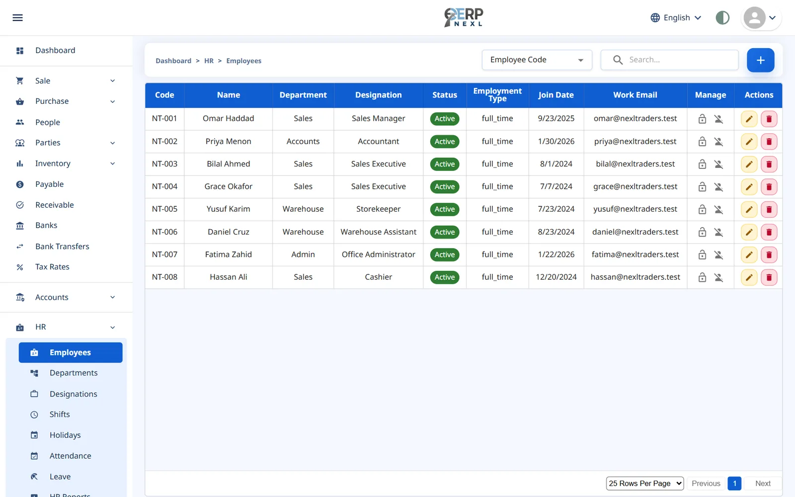 ERP Nexl employee records with departments, designations and join dates
