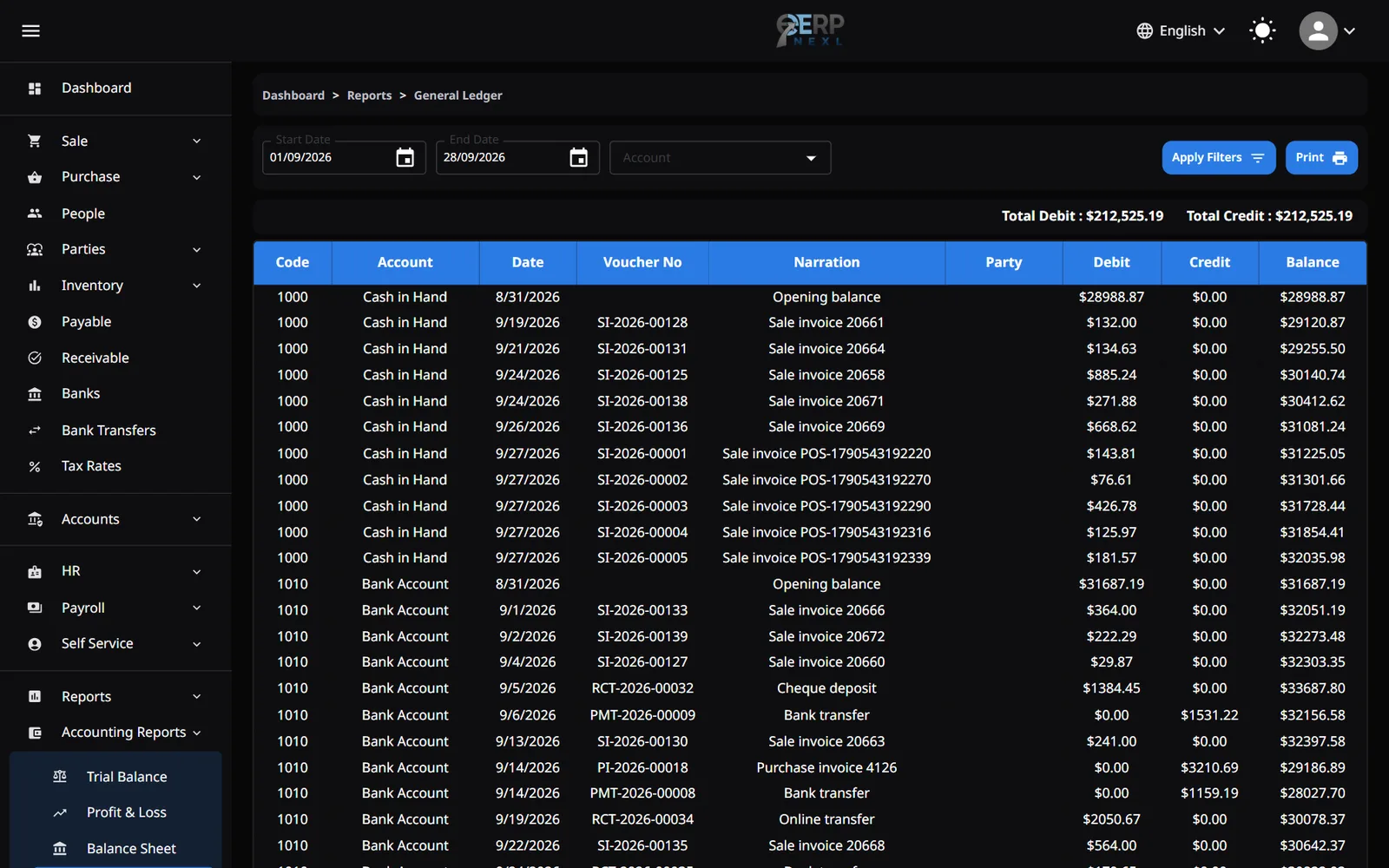 ERP Nexl general ledger with sales, purchases, receipts and payments posted automatically
