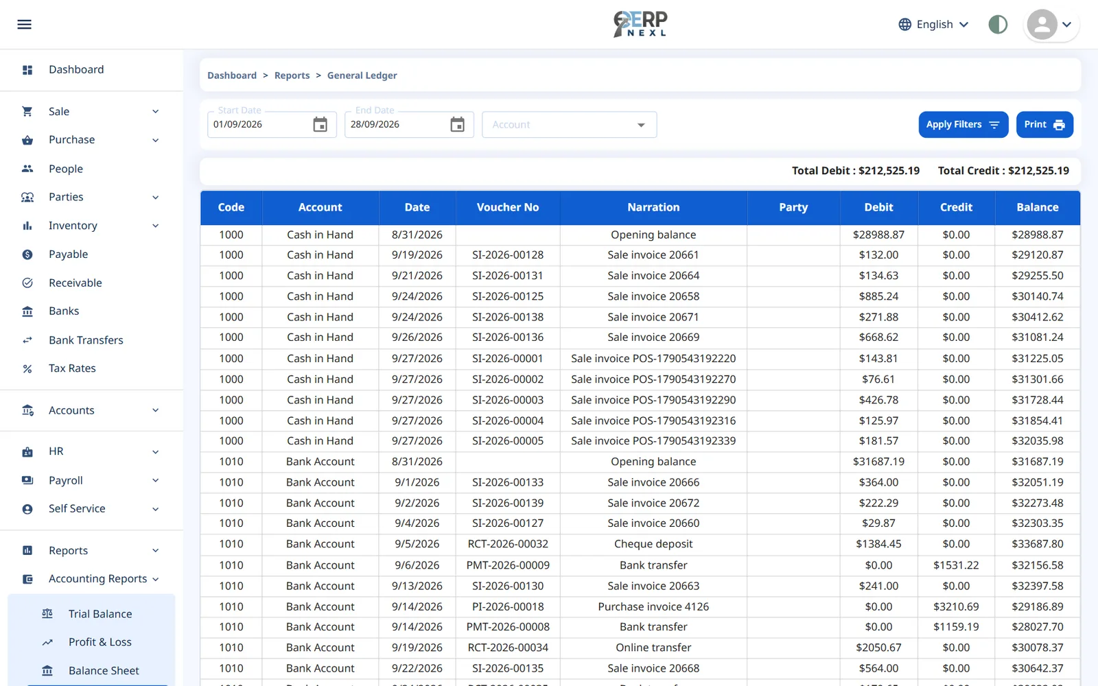 ERP Nexl general ledger with sales, purchases, receipts and payments posted automatically
