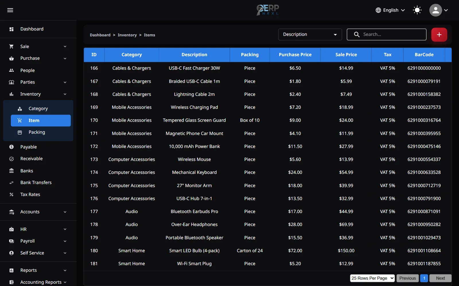 ERP Nexl items list with categories, packing, purchase and sale prices, VAT and barcodes