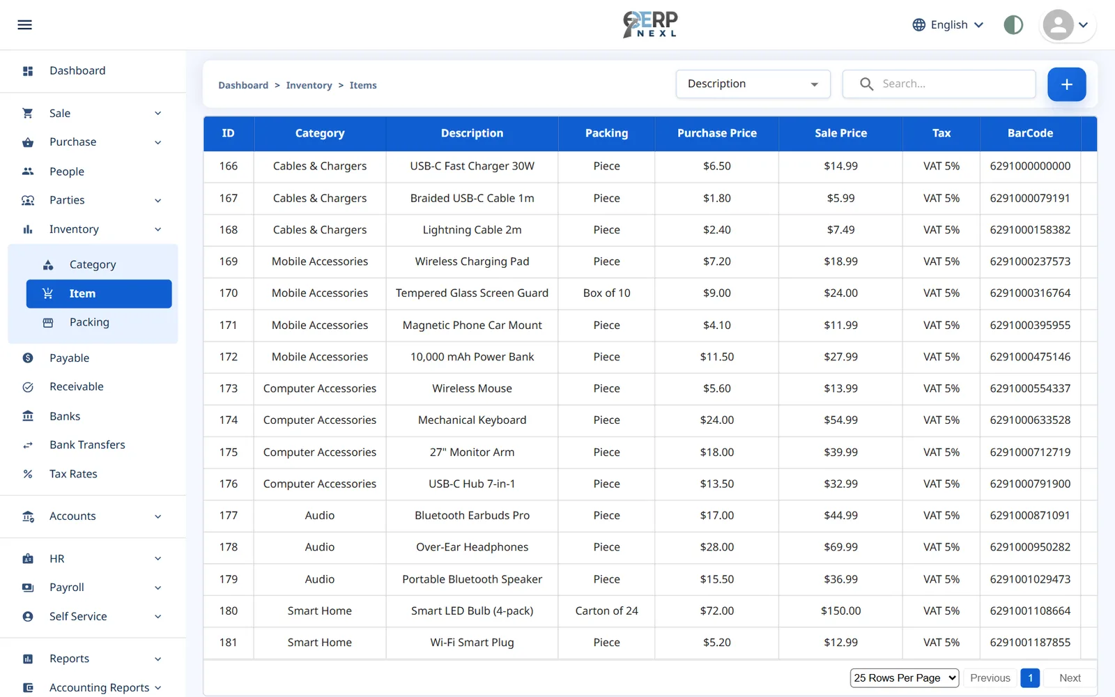 ERP Nexl items list with categories, packing, purchase and sale prices, VAT and barcodes