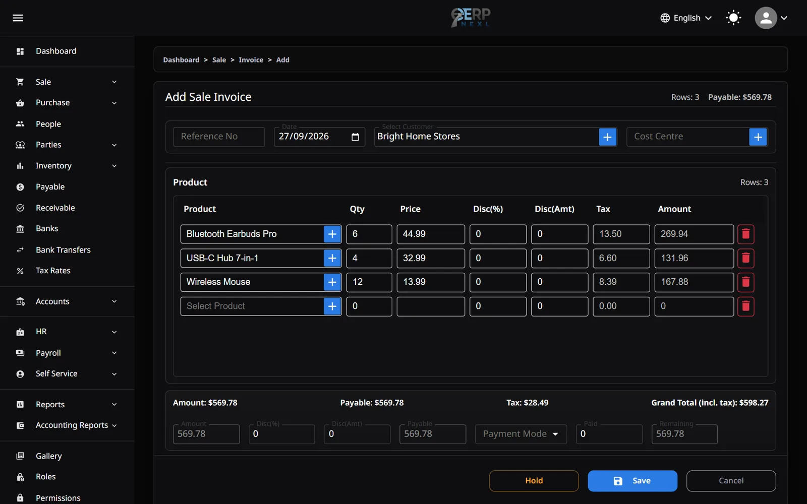 Creating a sales invoice in ERP Nexl with items, quantities, VAT per line and grand total