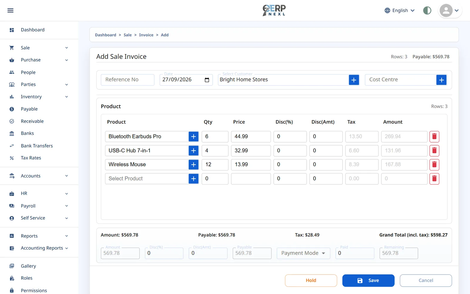 Creating a sales invoice in ERP Nexl with items, quantities, VAT per line and grand total