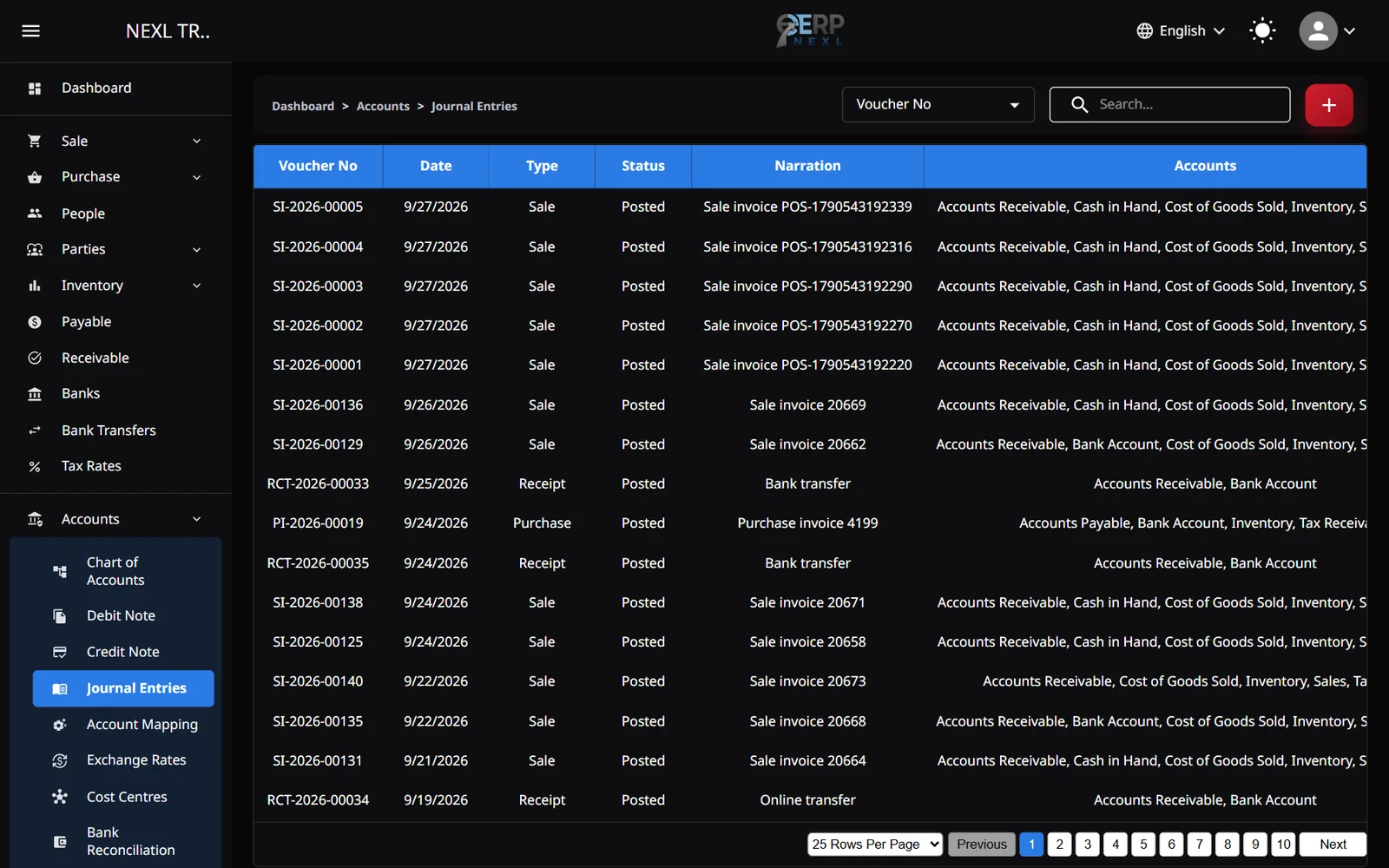 Journal Entries listing automatic sale, purchase and receipt vouchers with their accounts