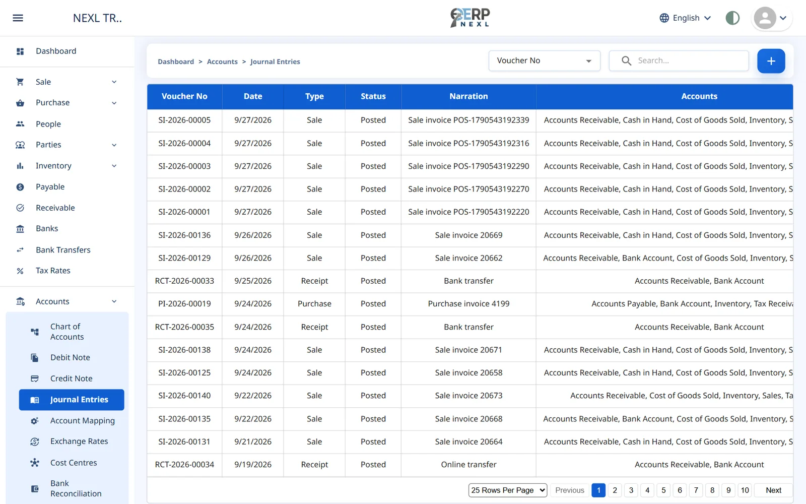 Journal Entries listing automatic sale, purchase and receipt vouchers with their accounts