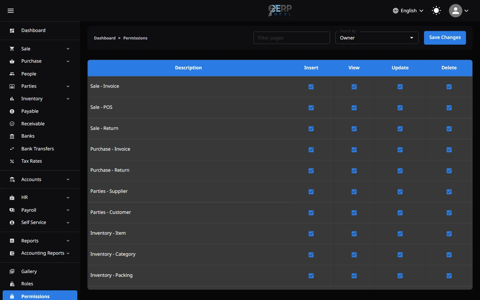 The Permissions page: one row per page, with Insert, View, Update and Delete tick boxes