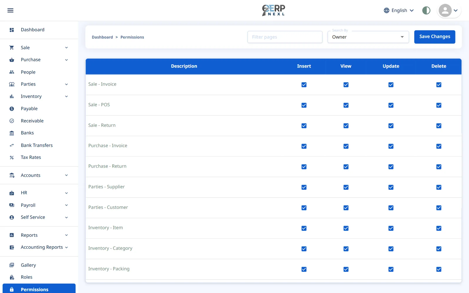 The Permissions page: one row per page, with Insert, View, Update and Delete tick boxes