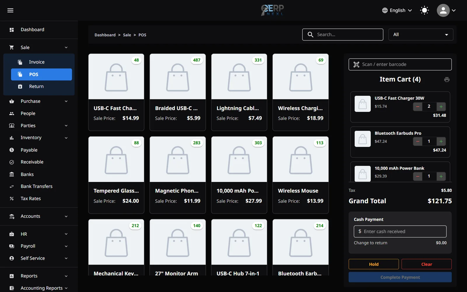 ERP Nexl point of sale with scanned items in the cart, VAT and grand total