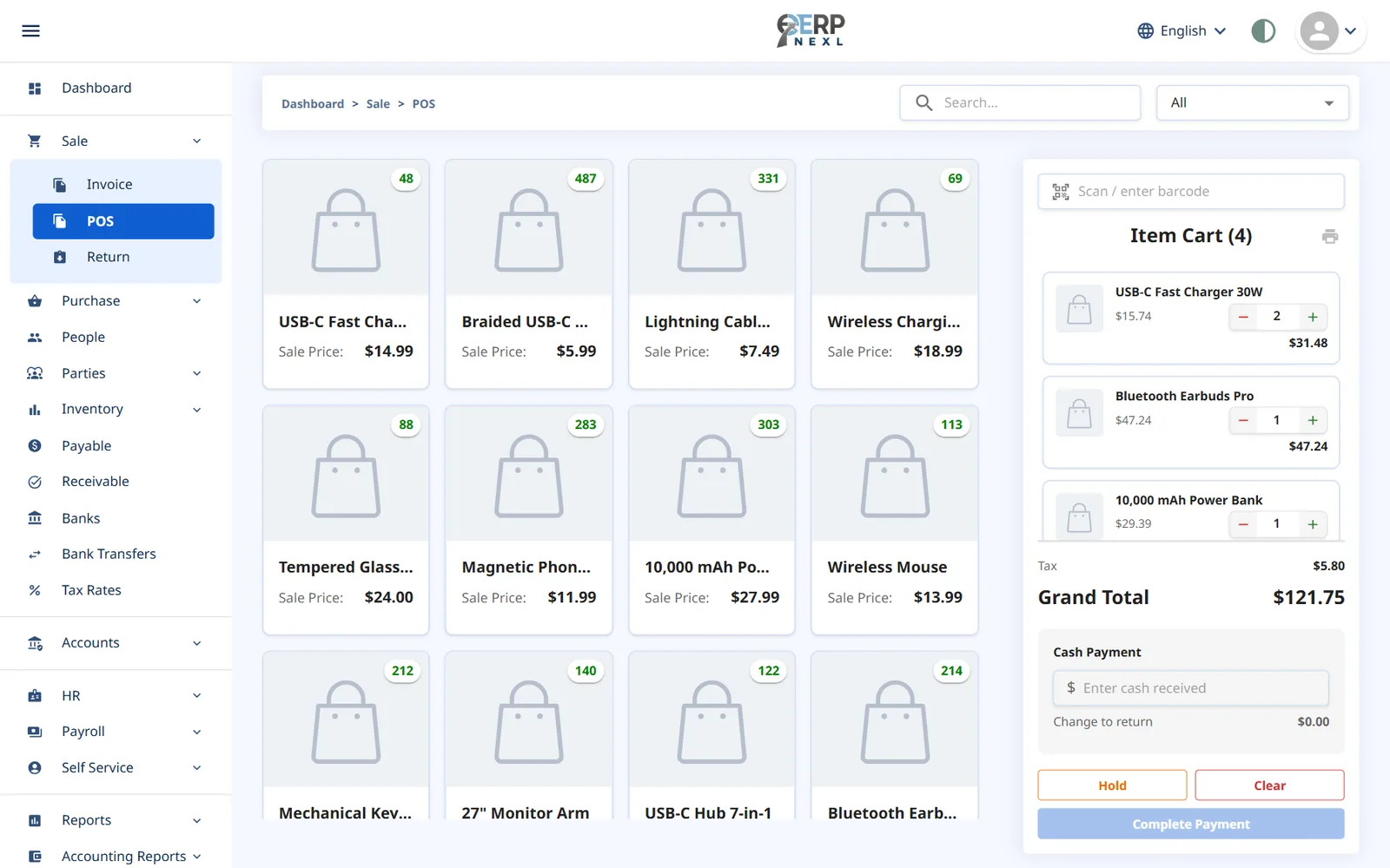 ERP Nexl point of sale with scanned items in the cart, VAT and grand total