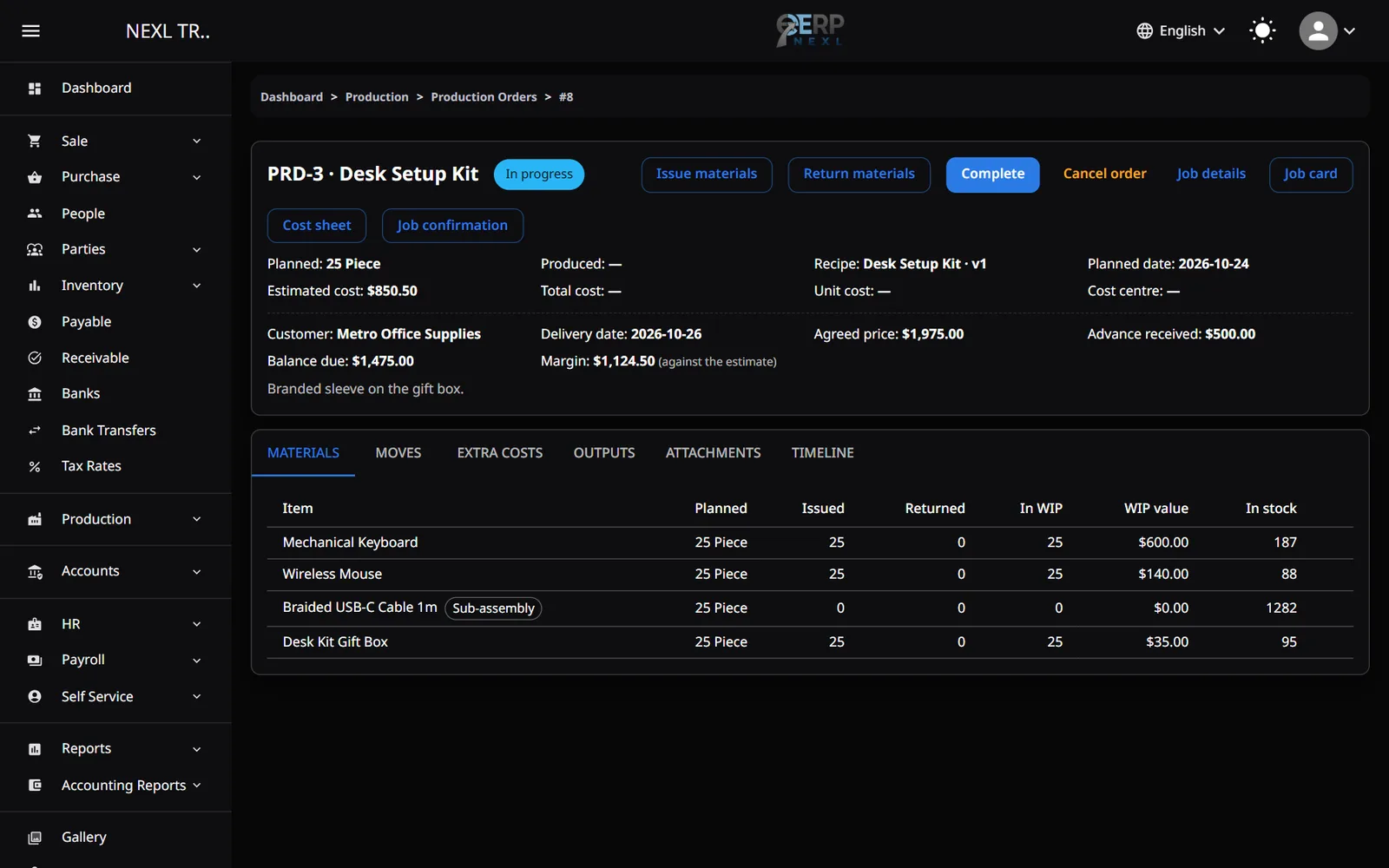 ERP Nexl production order for a customer job: customer, agreed price, advance, balance and margin, with its materials issued