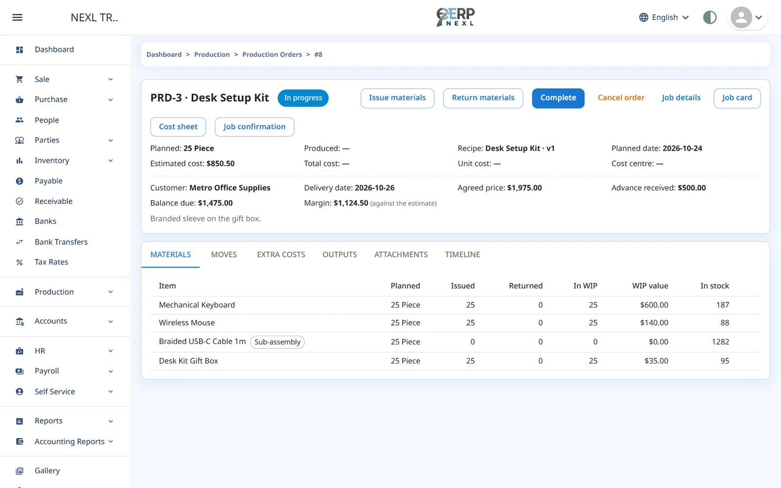 ERP Nexl production order for a customer job: customer, agreed price, advance, balance and margin, with its materials issued