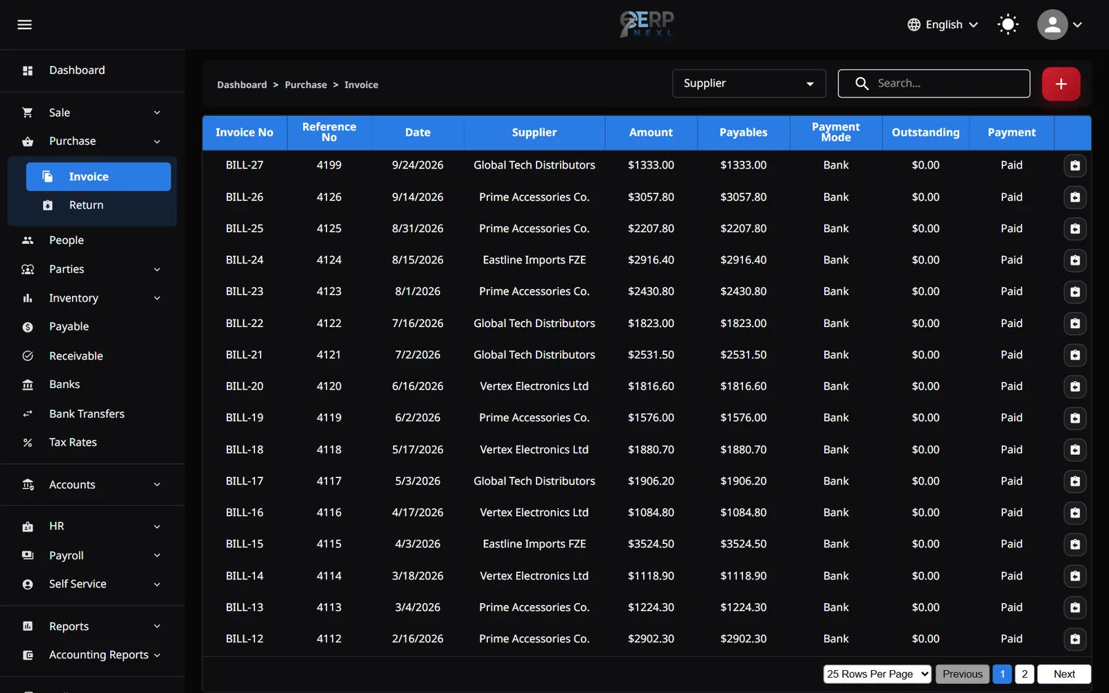 ERP Nexl purchase bills list with suppliers, amounts and payment status