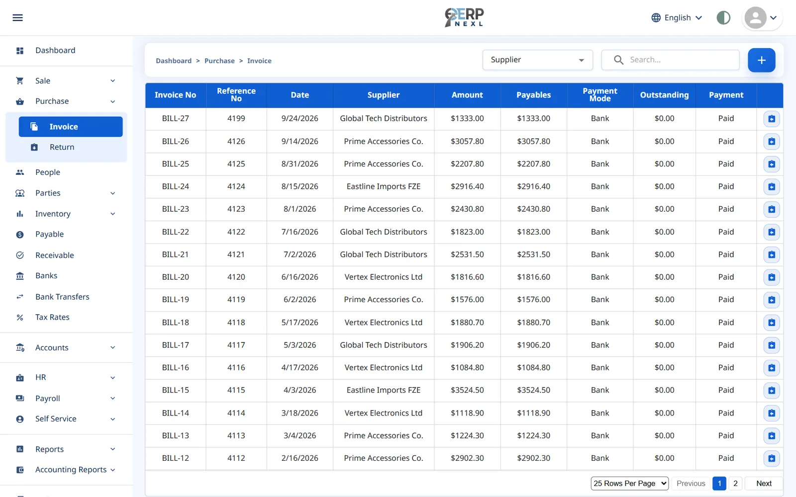 ERP Nexl purchase bills list with suppliers, amounts and payment status