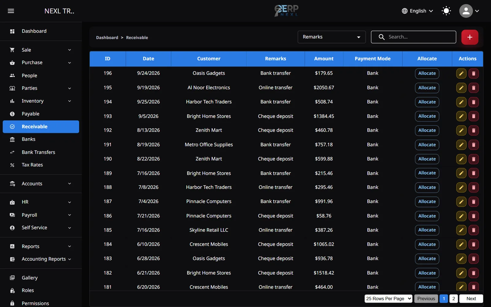 The Receivable page listing customer receipts with an Allocate button on each row