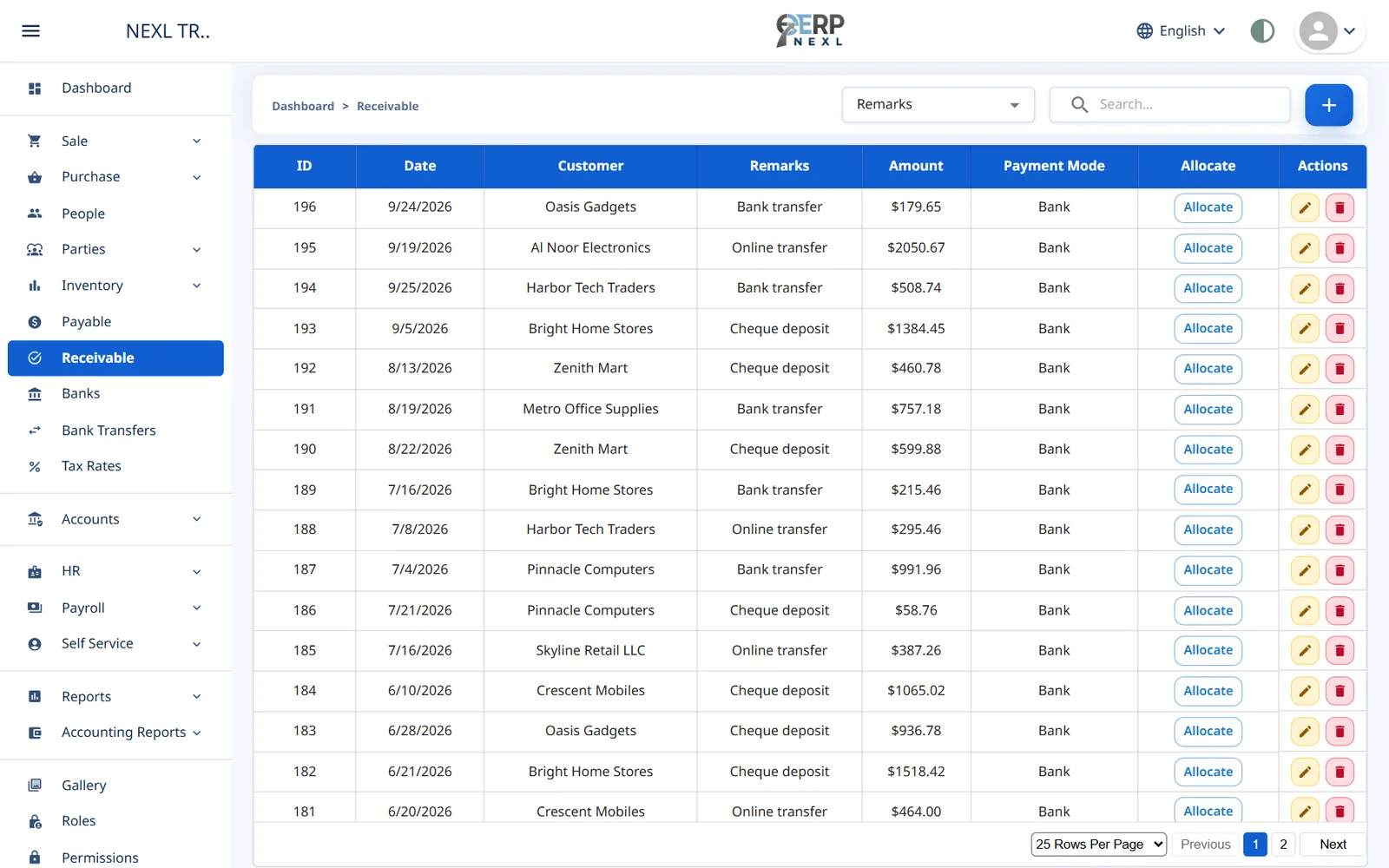 The Receivable page listing customer receipts with an Allocate button on each row