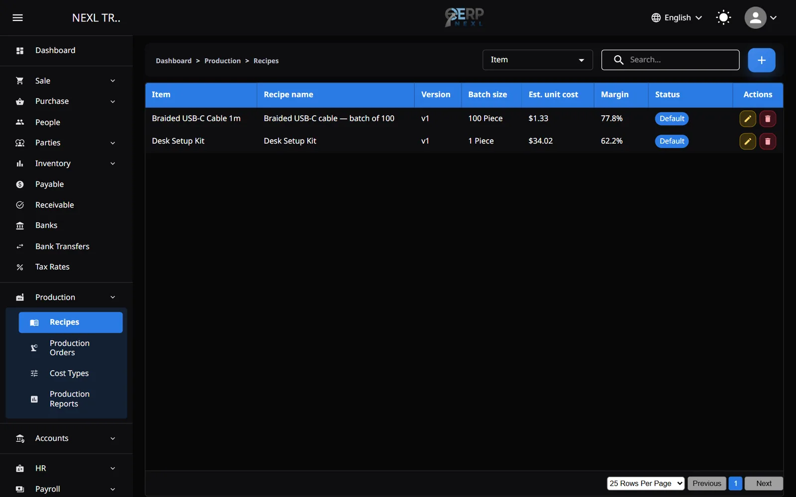 The Recipes list with each recipe's item, version, batch size, estimated unit cost, margin and status