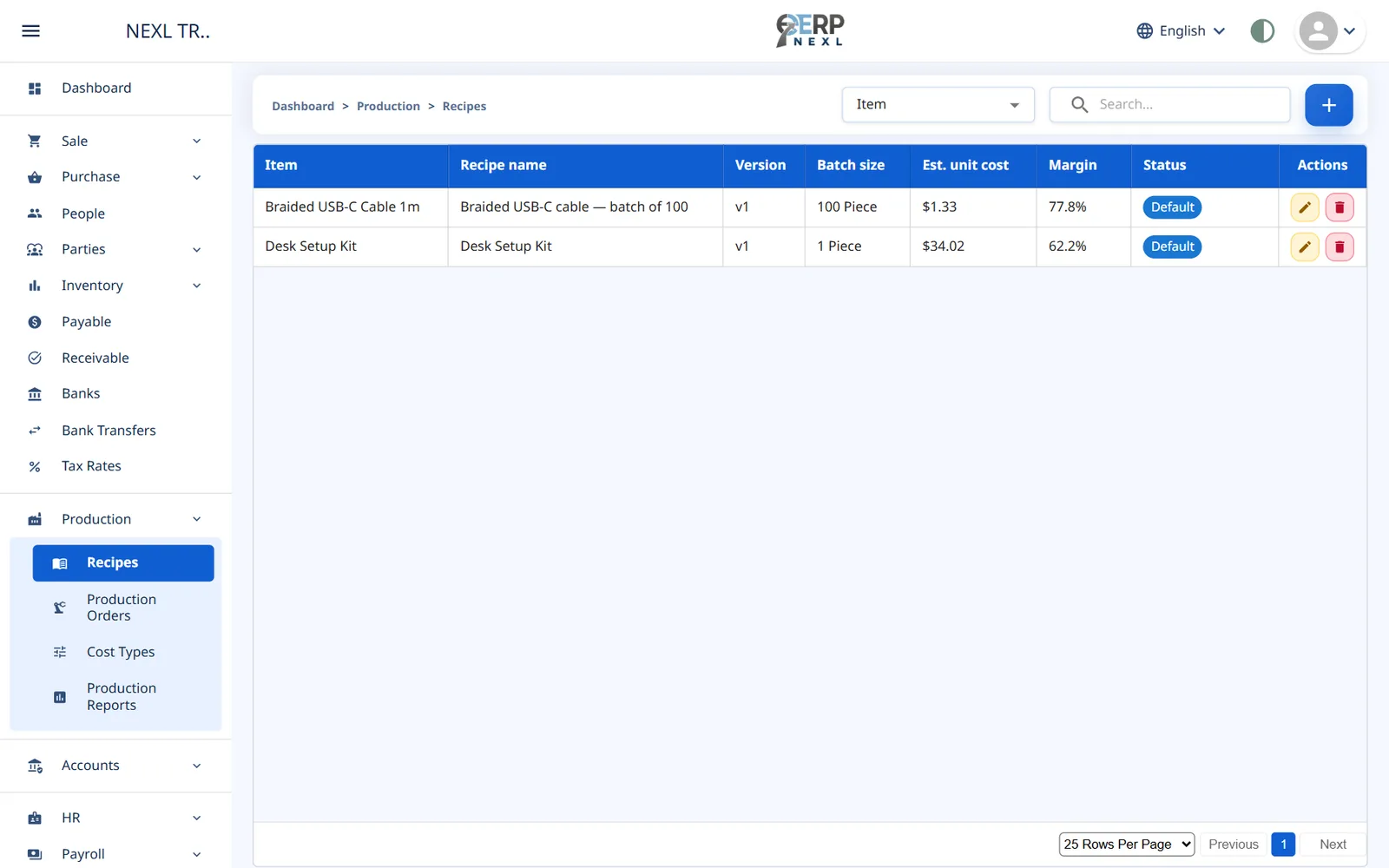 The Recipes list with each recipe's item, version, batch size, estimated unit cost, margin and status