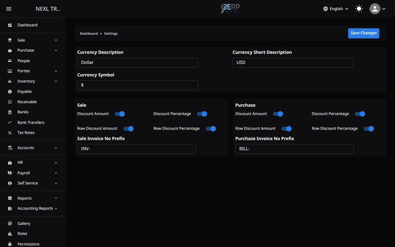 The Settings page with currency, discount switches and invoice number prefixes