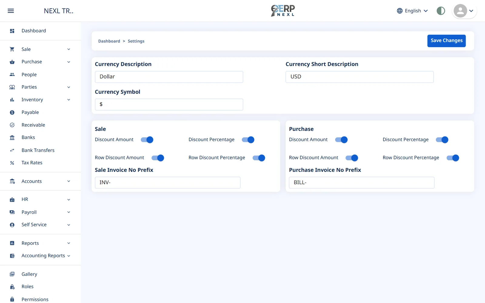 The Settings page with currency, discount switches and invoice number prefixes