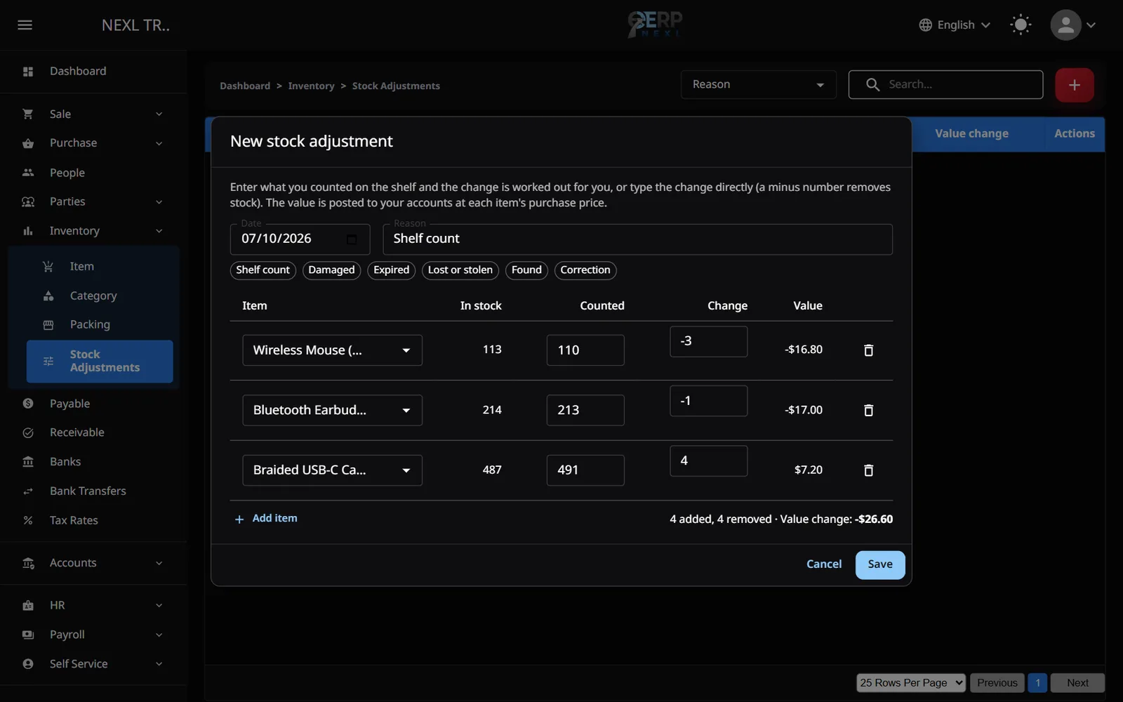 The New stock adjustment window with a reason, three items, their counted quantities and the value change