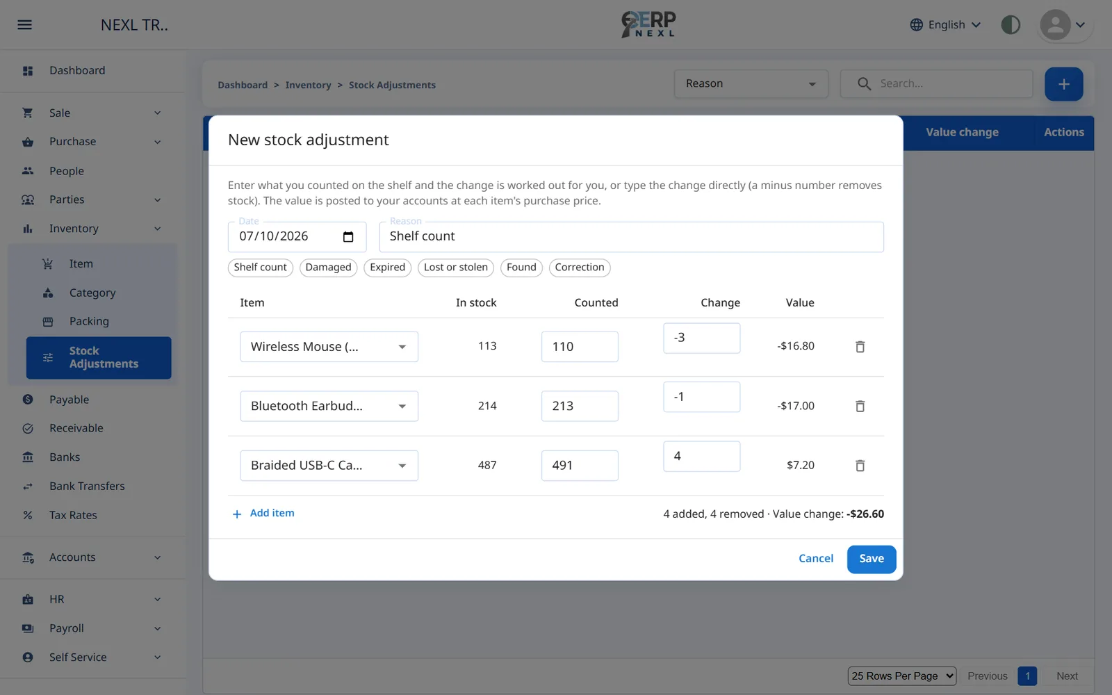 The New stock adjustment window with a reason, three items, their counted quantities and the value change